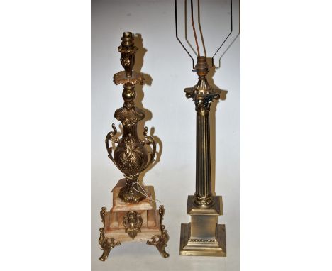 A brass Corinthian column table lamp together with one other brass and onyx table lamp (2) 