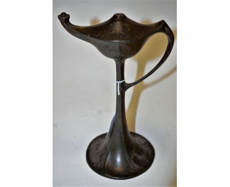 A Kayserzinn Art Nouveau pewter oil lamp, impressed Kayserzinn mark verso and numbered 4439, h.24cm (incomplete)