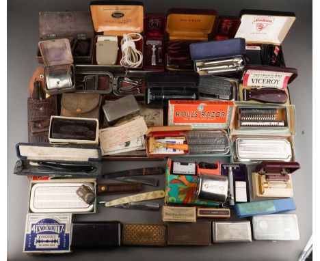 A box of assorted 19th and 20th cut throat and other razors, including a horn and steel handled cut throat razor stamped Jame