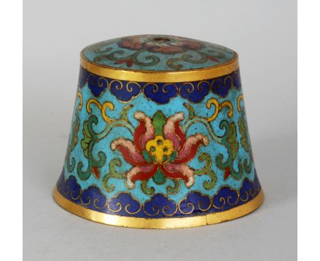 AN 18TH CENTURY CHINESE QIANLONG PERIOD CLOISONNE BELL FORM PRICKET CANDLESTICK BASE, the flaring sides decorated with formal