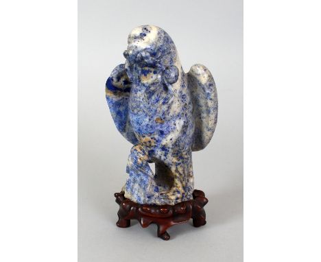 AN 18TH/19TH CENTURY CHINESE CARVED LAPIS MODEL OF A HAWK, together with a fitted carved hardwood stand, the bird perched on 