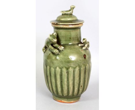 A RARE CHINESE SOUTHERN SONG DYNASTY LONGQUAN STONEWARE JAR & COVER, the shoulders moulded in high relief with a cat and a ki