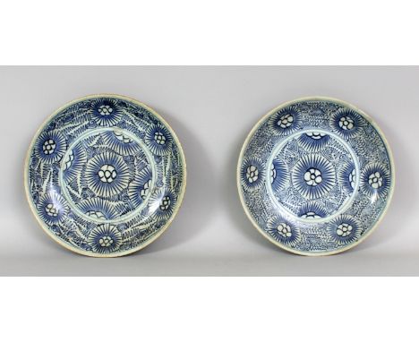 A PAIR OF 18TH/19TH CENTURY CHINESE PROVINCIAL PORCELAIN DISHES, of saucer shape, each painted with stylised flowerheads and 