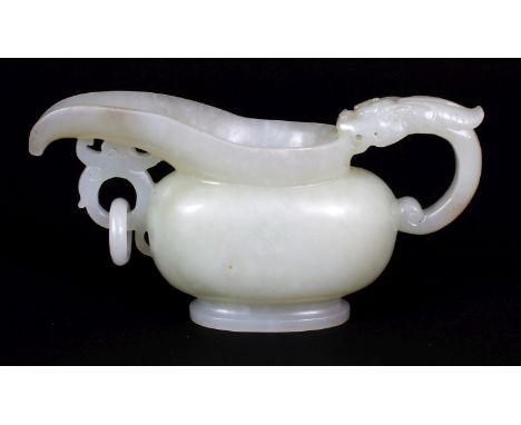 A CHINESE CELADON JADE LIKE ARCHAIC EWER, with a dragon handle and also a loose ring handle beneath the spout, 4.5in(11.5cm) 