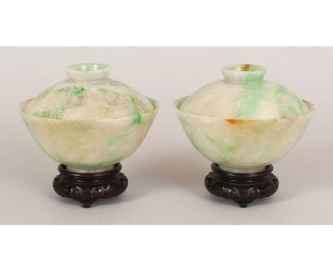 A GOOD PAIR OF 19TH/20TH CENTURY CHINESE APPLE-GREEN JADE BOWLS & COVERS, together with fitted hardwood stands, each bowl car