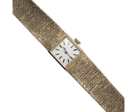 the signed square-shaped dial with baton numerals, with Omega logo to the winder and to the clasp, on an integrated mesh brac