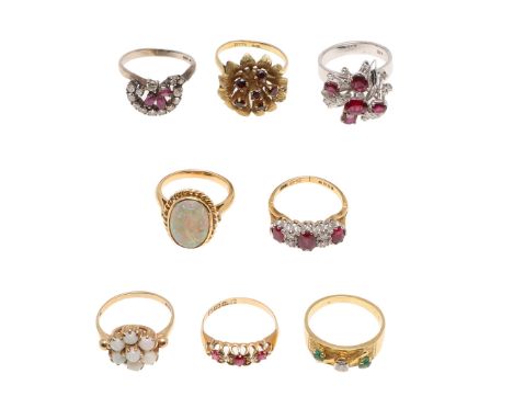 including a ruby and diamond ring, set with three oval-shaped rubies and four circular-cut diamonds, in 18ct gold, 4.2 grams,