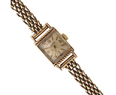 the square shaped dial with Arabic quarters, with Jaeger-LeCoultre motif to the winder, on a  9ct gold fancy link bracelet wi