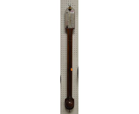 A mahogany round top open front inlaid stick barometer, having unsigned silver scale and thermometer scale, 91cm