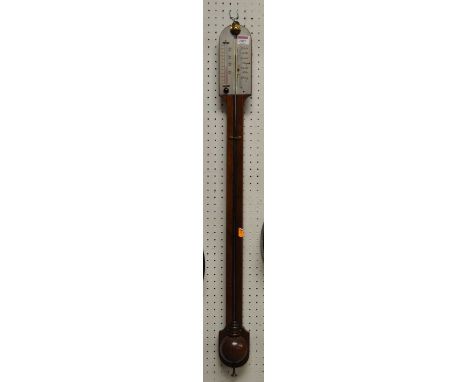 A mahogany round top open front inlaid stick barometer, having unsigned silver scale and thermometer scale, 91cm