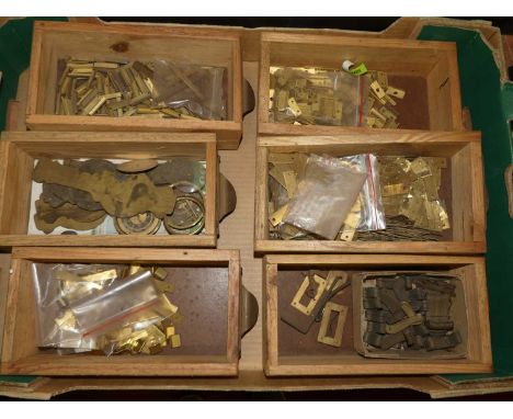 Assorted brass barometer components to include Marine Vernier bases, portable screw angle plates, pinion springs, Hygro clips