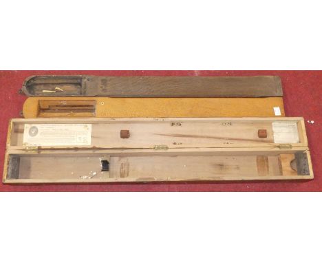 Two oak pit barometer cases, together with a Negretti &amp; Zambra marine barometer soft wood box (3)