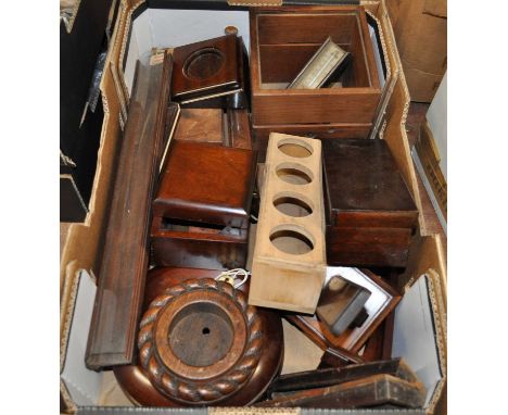 Treen, to include small oak rope twist barometer case, mahogany barometer, storm bottle stands, thermometer cases to include 