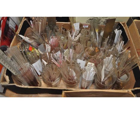 A large collection of thermometers for barometers, being various sizes to include Fitzroy boxwood scale tubes, mahogany door 