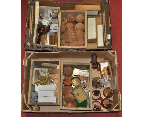 A collection of desk thermometer components, principally in unpolished mahogany, some with marquetry inlays, etc 