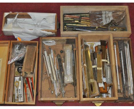 Assorted thermometer scales and tubes, to include curved examples, ivorine and brass scales, blown glass mouse etc