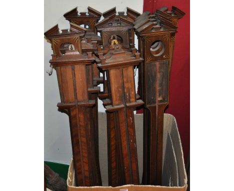 A selection of principally mahogany stick barometer cases, to include some hygro top examples, with inlays (17)