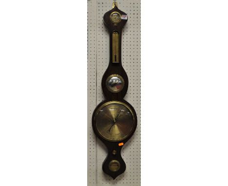 A rosewood five-dial onion topped wheel barometer, having unsigned engraved brass main dial, 93cm 