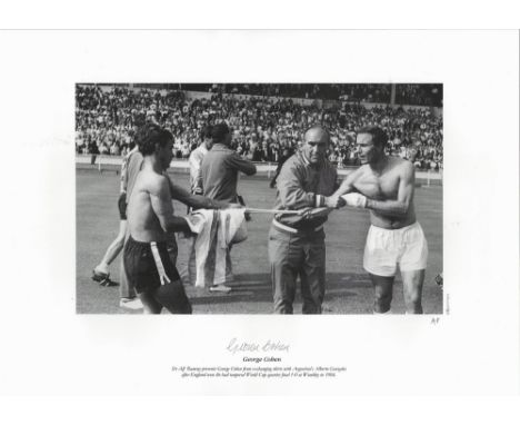 George Cohen signed 16x12 inch black and white Artist Proof print. Sir Alf Ramsey prevents George Cohen from exchanging shirt