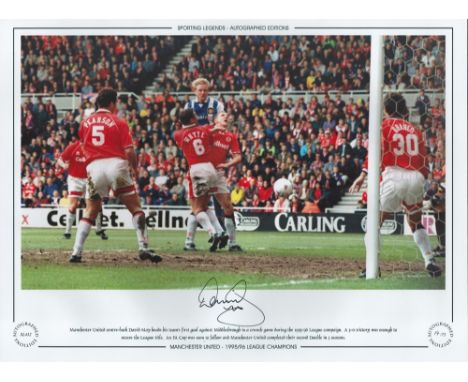 Football. David May Signed 16x12 inch colour photo. Autographed Editions, Limited Editions. Photo shows May heading his team'