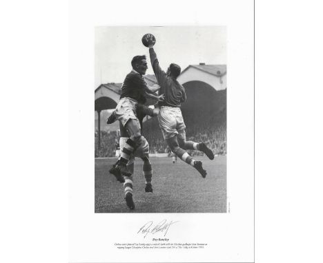 Roy Bentley signed 16x12 inch black and white print. Chelsea centre forward Roy Bentley enjoys a mid-air battle with the Char