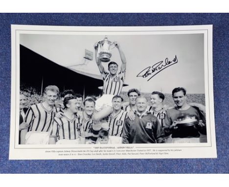 Peter McParland signed 16x12 inch 1957 F. A Cup Final Aston Villa black and white print. Aston Villa captain Johnny Dixon hol