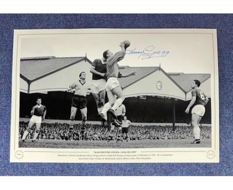 Harry Gregg signed 16x12 inch Manchester United v Wolves 1958 black and white print. Manchester United's goalkeeper Harry Gre