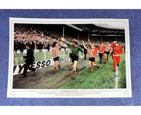 Jim Montgomery and Bobby Kerr signed Sunderland 1973 FA Cup 16x12 inch colour print. Sunderland players Billy Hughes, Jim Mon