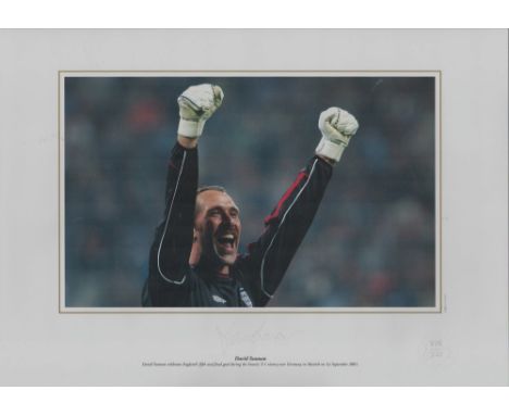 David Seaman signed 16x12 inch colour print. David Seaman celebrates England's fifth and final goal during the historic 5 1 v
