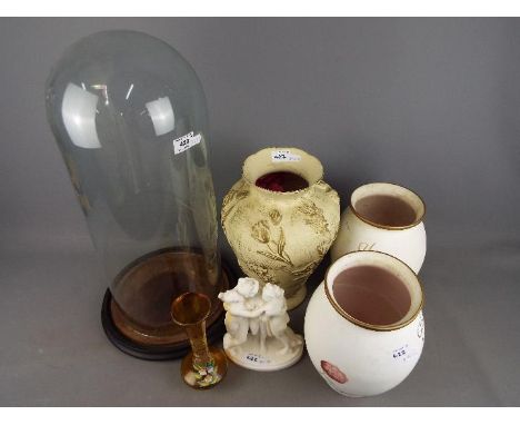 Lot to include hand painted amber glass vase, ceramic vases, large glass dome and base (approximately 55 cm height) and simil