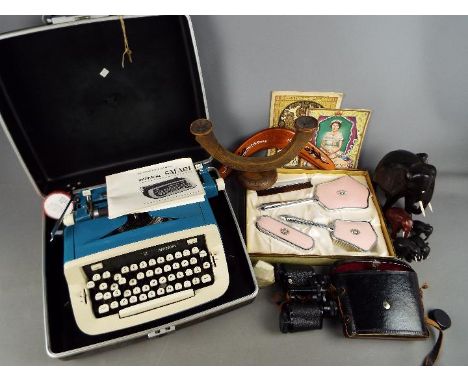 A vintage Imperial 'Safari' portable typewriter in case, cased pair of binoculars, treen, boxed dressing table set and other.