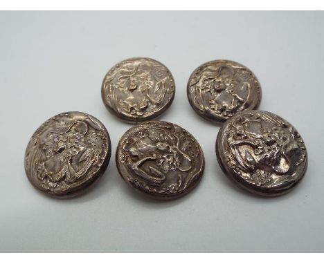 A set of five Art Nouveau silver buttons, Chester assay 1905, circular with portrait of a fashionable young lady, each 2.5 cm