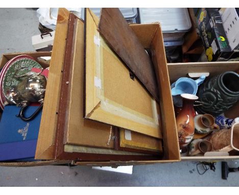 A mixed lot to include ceramics, pictures, plated ware, glassware, vintage kitchen scales and similar, three boxes. [3]