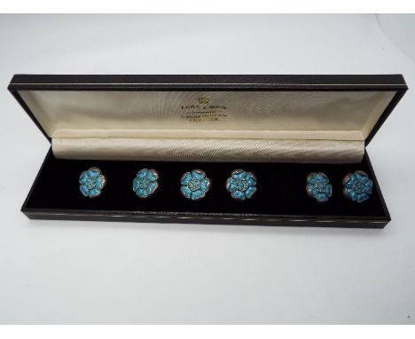 A set of six Edward VII silver and enamel buttons in the form of a Tudor rose (approximately 2 cm diameter), Chester assay 19