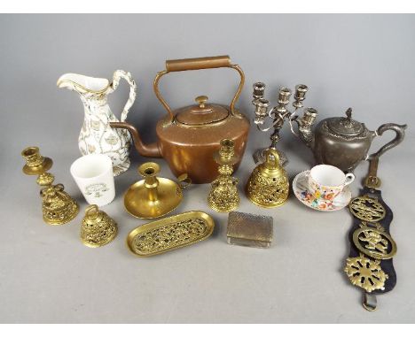 A mixed lot to include metalware comprising horse brasses, brass inkwell, plated ware and similar, ceramics, trinket box and 