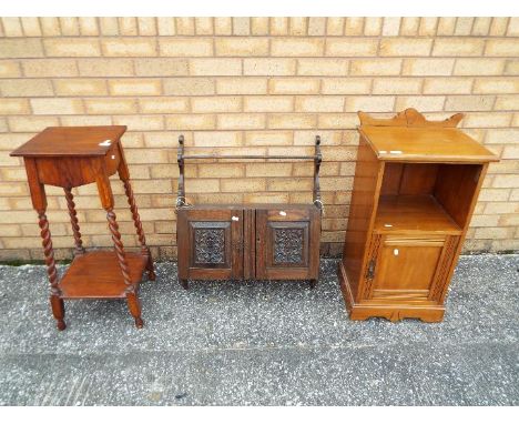 Lot to include a plant stand (77 cm height), bedside cabinet and a wall mountable shelf / cupboard. [3]