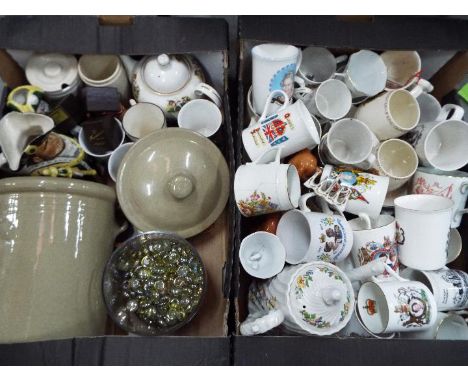 Two boxes of mixed ceramics to include Aynsley, Royal commemorative, Toby / character jugs, vintage marmalade pots and simila