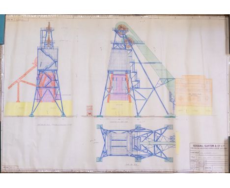 Grimethorpe Colliery (NCB): New Head Gear No.3 Shaft, scale 1/8&rdquo; = 1-0&rdquo;, drawing No.74/G492B/A21. Coloured archit