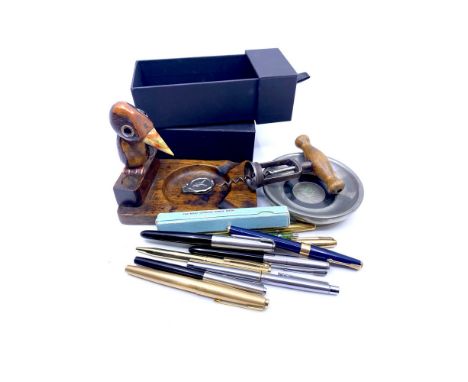 A collection of six vintage Parker fountain pens (including a 12ct gold Parker 61); three Parker ballpoint pens; one Sheaffer