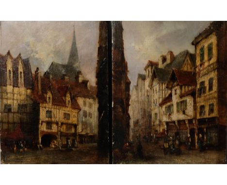 Pair of 19th century oils on oak panels, street scenes, unsigned, 29cm x 22cm, unframedGood original condition with a few ver