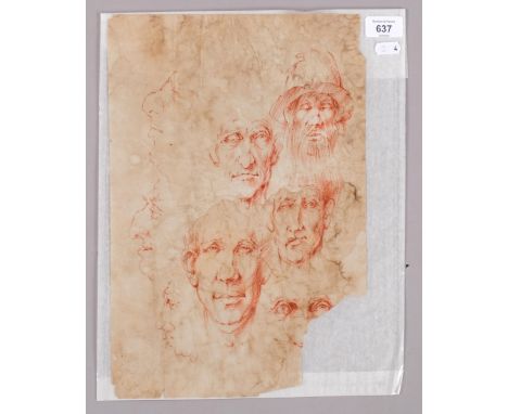 A sheet of 18th century sanguine chalk portrait sketches, 38cm x 26cm, unframedA section torn away bottom right-hand corner, 