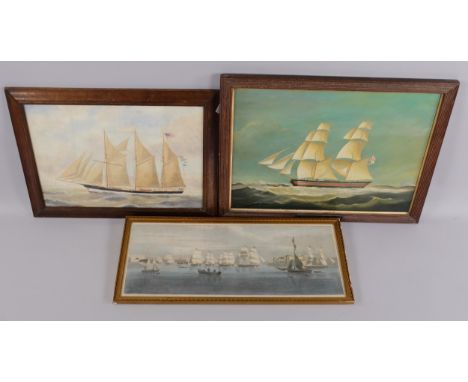 Contemporary oil on board, ship portrait, 45cm x 60cm, watercolour, US sailing ship Angelina, 38cm x 52cm, and a marine print