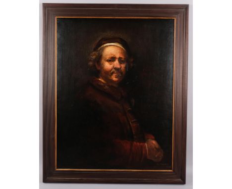 E H Thomas after Rembrandt, 19th century portrait of the artist, oil on canvas, signed, 92cm x 70cm, framedCanvas has been li