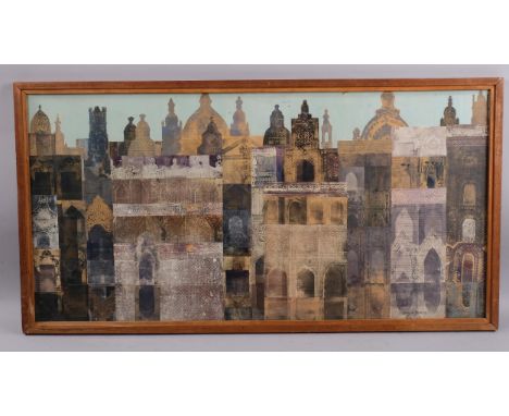 June Cridland, 2 mixed media collage/watercolour architectural compositions, largest overall frame dimensions 70cm x 114cmSom