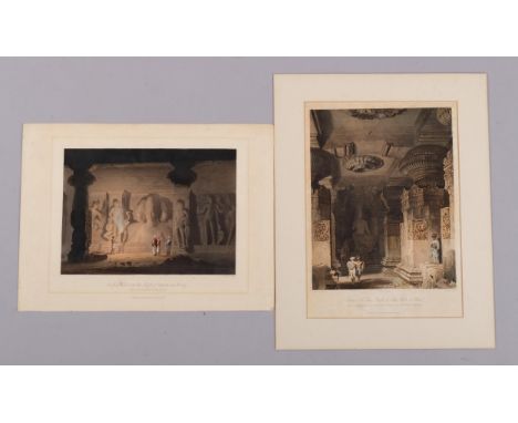 H Pyall after David Roberts, Indian temple views, interior of the Cave Temple of Indra Subba at Ellora, colour aquatint, imag