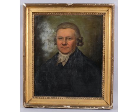 18th century oil on canvas, portrait of a man wearing powdered wig, unsigned, 60cm x 50cm, framedVery old canvas re-lining, a