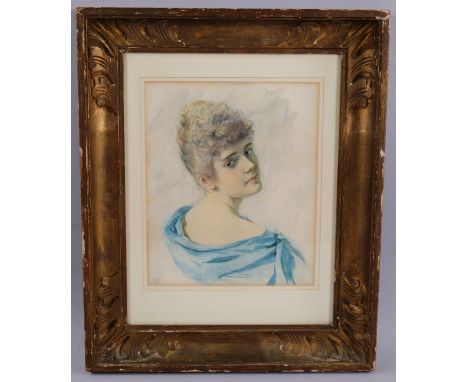 19th century watercolour, portrait of a young woman, signed with monogram dated 1890, 29cm x 24cm, framedVery slight paper di