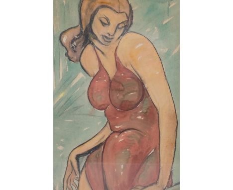 Watercolour, portrait of girl in a bathing suit, unsigned, 72cm x 49cm, framedLight foxing 