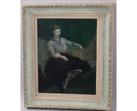 20th century oil on canvas, seated portrait of a woman, unsigned, 41cm x 31cm, framedGood condition 