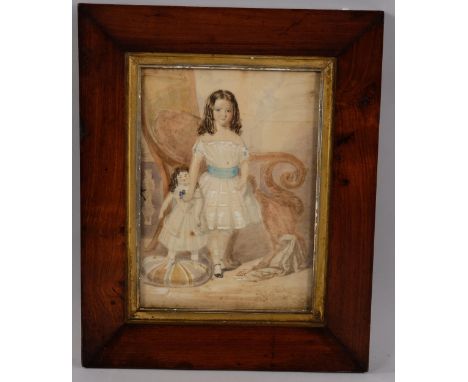 George Oliphant, 19th century portrait of a girl with a doll, watercolour, signed, 28cm x 20cm, framedFoxing and slight paper